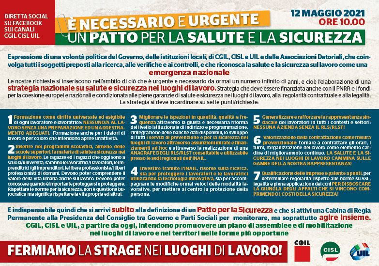 Assemblea nazionale Cgil Cisl Uil sulla Sicurezza. La diretta mercoledi 12 maggio dalle ore 10