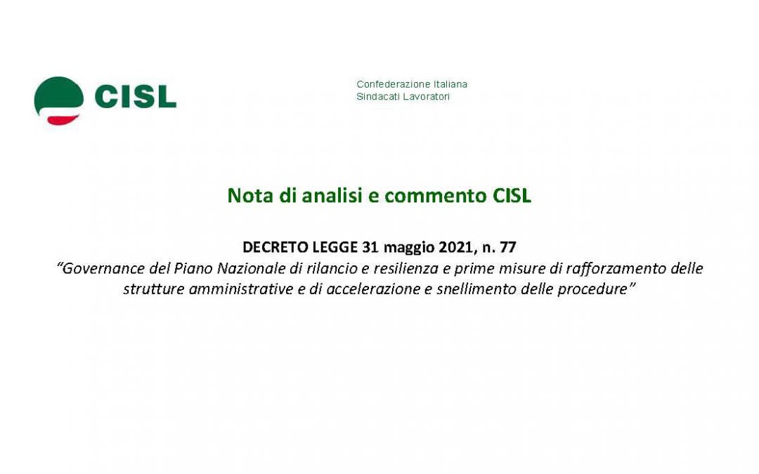 Decreto Governance PNRR e Semplificazioni: nota di analisi e commento Cisl