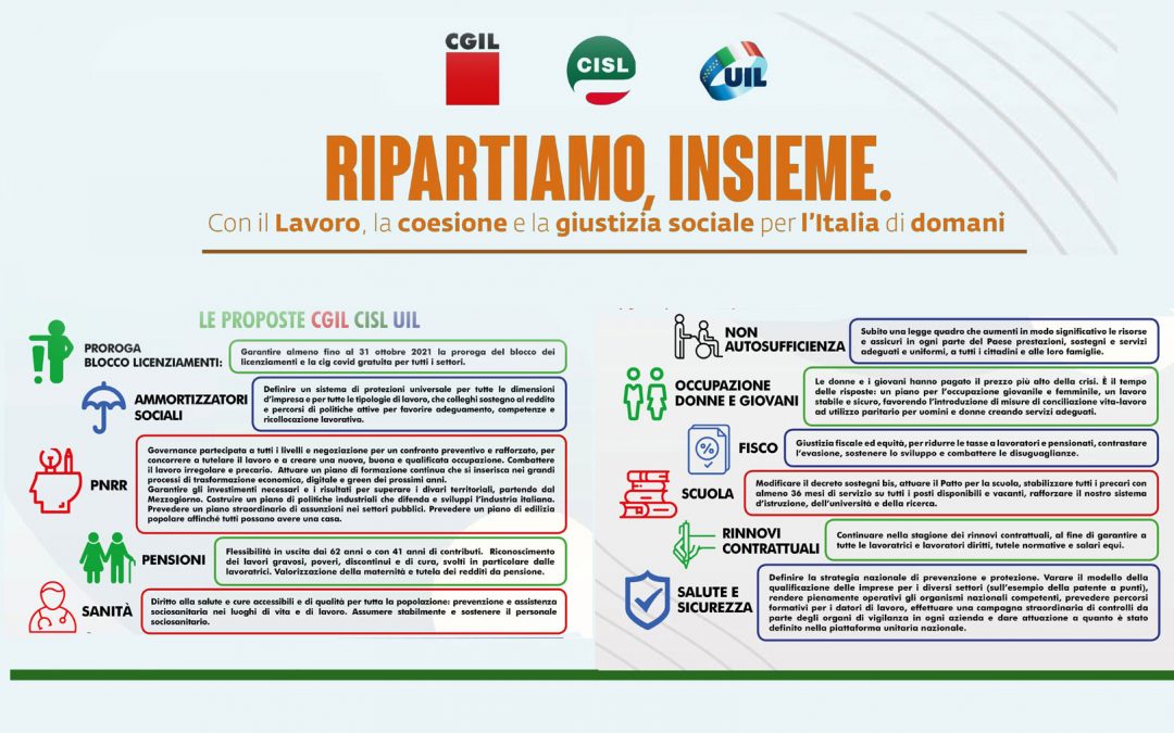 Dl Sostegni. Manifestazione Cgil Cisl Uil 26 giugno 2021. Il Volantone e il Manifesto