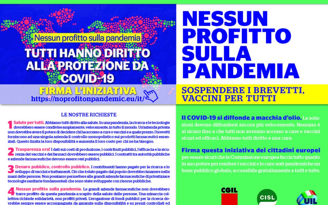 Covid. Prosegue la raccolta firme europea ‘Nessun profitto sulla pandemia. Diritto alle cure’