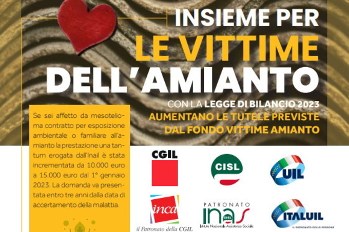 Cgil Cisl Uil: ‘Insieme per le vittime dell’Amianto’, la locandina sulle principali novità previste dalla Legge di Bilancio 2023