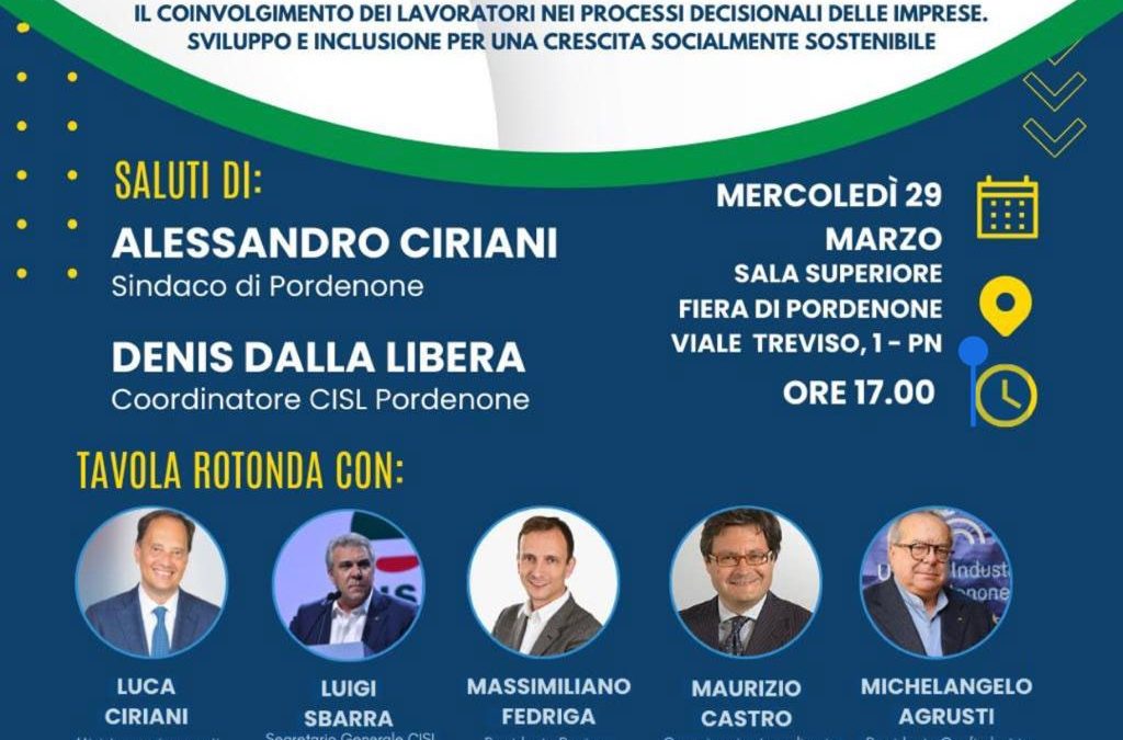 Lavoro. Sbarra, Ciriani, Fedriga, Castro domani a Pordenone a Convegno su partecipazione e democrazia economica
