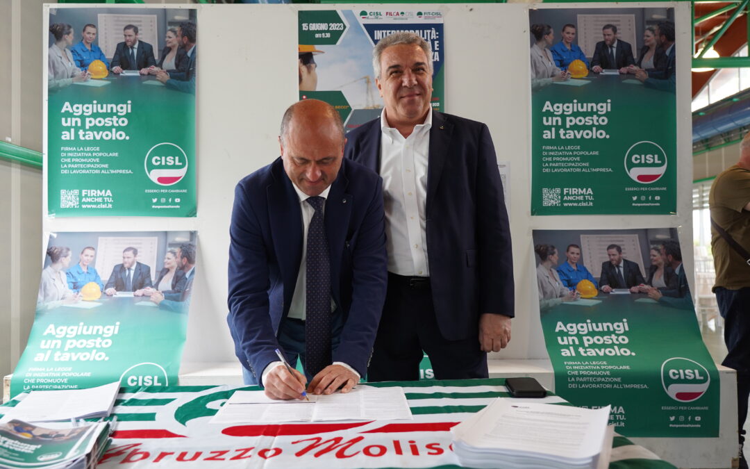 È partita da Pescara con il Segretario Generale Cisl Luigi Sbarra la campagna di raccolta firme che ci vedrà impegnati  in Abruzzo e in Molise a sostenere la proposta di Legge della Cisl sulla Partecipazione e sulla democrazia economica  