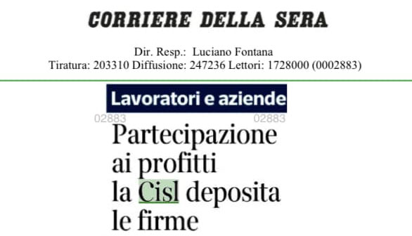 Partecipazione ai profitti, la Cisl deposita le firme – ‘Corriere della Sera’