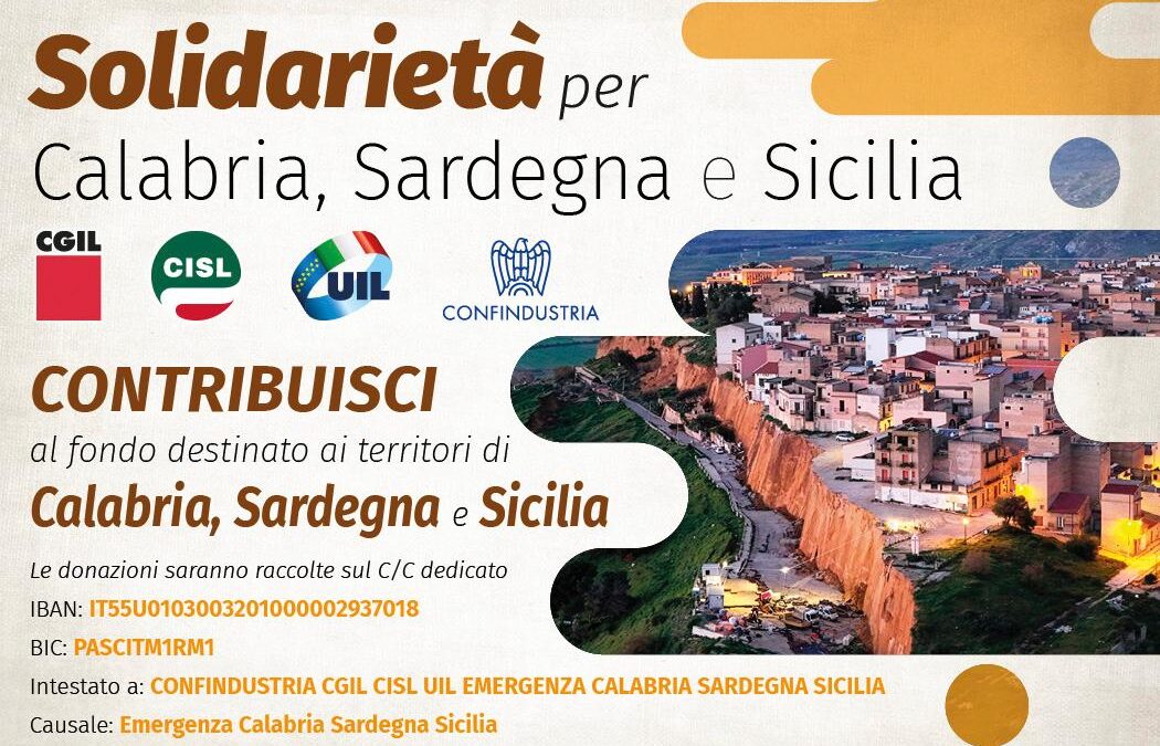 Ciclone Harry. Cgil, Cisl e Uil e Confindustria lanciano un fondo di solidarietà a sostegno delle popolazioni e delle imprese