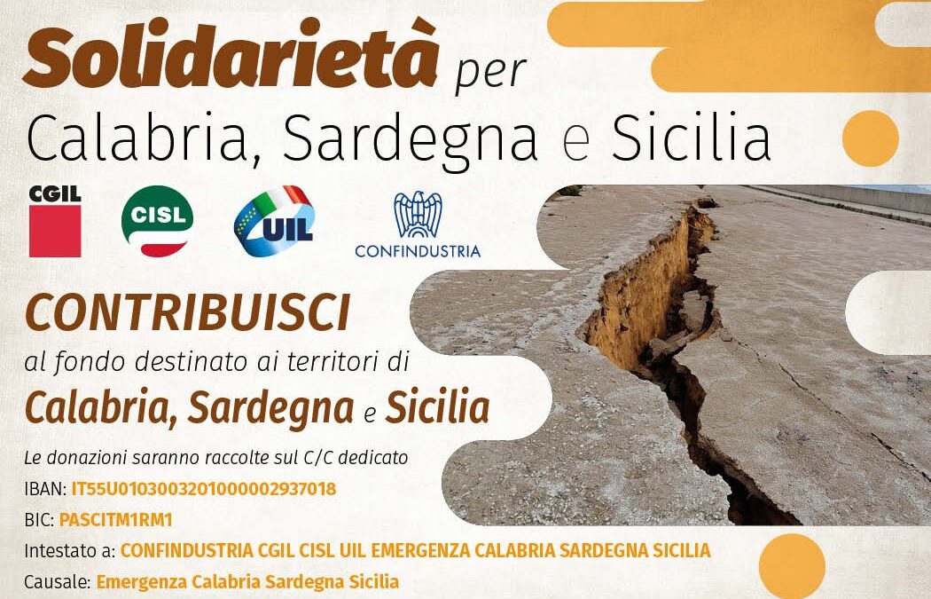 Ciclone Harry. Cgil, Cisl e Uil e Confindustria lanciano un fondo di solidarietà a sostegno delle popolazioni e delle imprese