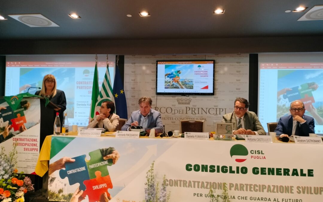 Lavoro. Fumarola al Consiglio Generale della Cisl Puglia: «Occupazione di qualità, rilancio industriale, stop al caporalato e opportunità per i giovani. Le priorità per lo sviluppo della regione»