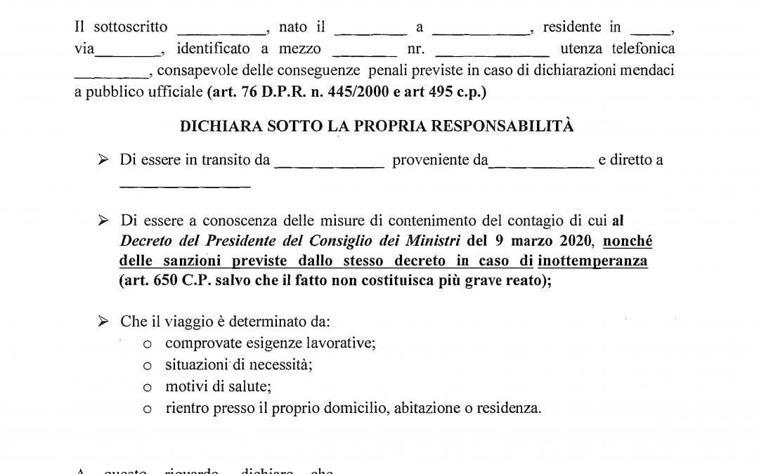 Coronavirus: il modulo per l’autocertificazione