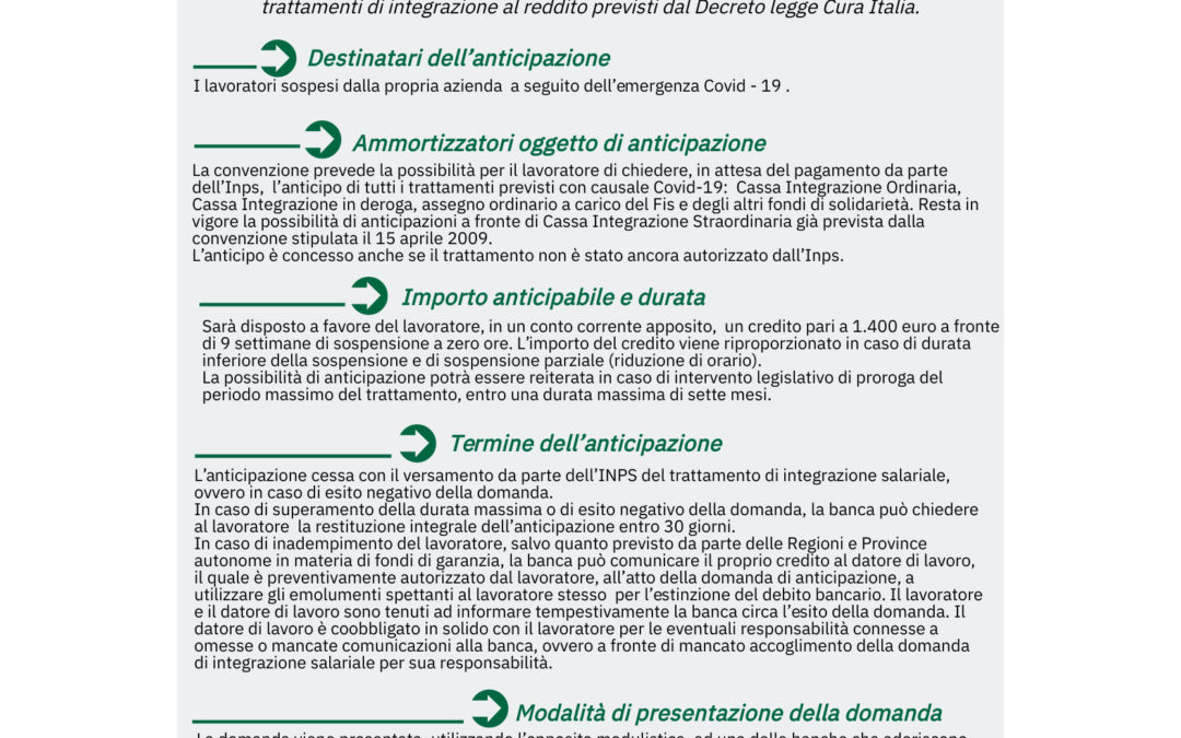 Coronavirus: locandina su anticipazione importi dalle banche per ammortizzatori