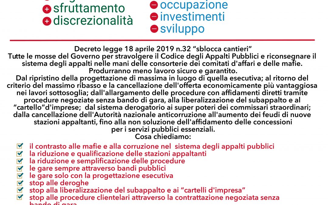 Appalti. Cgil, Cisl, Uil: “Il 28 maggio manifestazione a Roma contro lo ‘Sblocca niente’. Appuntamento alle ore 9.30 in Piazza Montecitorio”